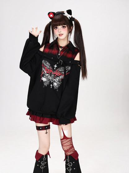 Hot Girl Style Cold Shoulder Sweatshirt with Pixel Butterfly Print in Red and Black Plaid Faux Two-Piece - CRAZY GIRL