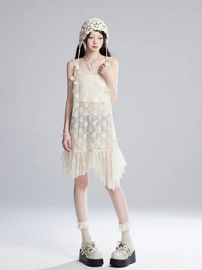 ストラップレスヘムクロップド丈スパンコールメッシュスリップドレス/アプリコットアプリコットセミシースルートップスター柄アシンメトリー