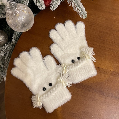 Schwarz/Weiße Lolita-Handschuhe mit Zöpfen und Schleife