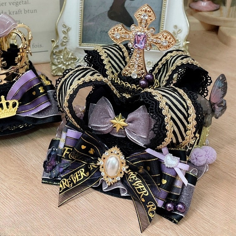 Pink/BlackPurple Crown Decorated Rhinestone Bowknot Design Details Pompon Cross Mini Hat