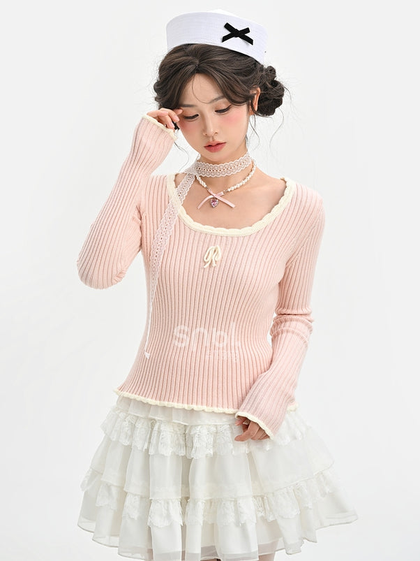 Rosa Strickoberteil mit Rundhalsausschnitt und schmaler Passform