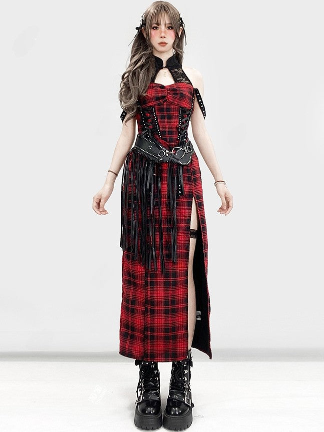 Dress Thigh-high Pattern Red Lace-up Plaid Slit Glamorous Detail Y2K