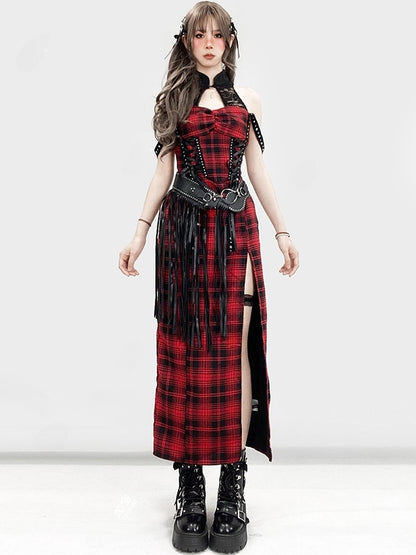 Dress Thigh-high Pattern Red Lace-up Plaid Slit Glamorous Detail Y2K