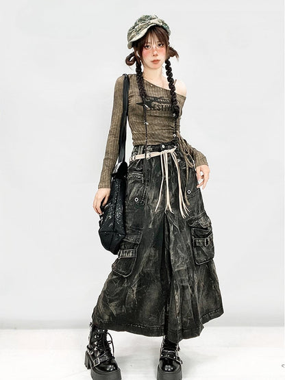 Wash Black Punk Pockets Wasteland Skirt Cargo Faded mit