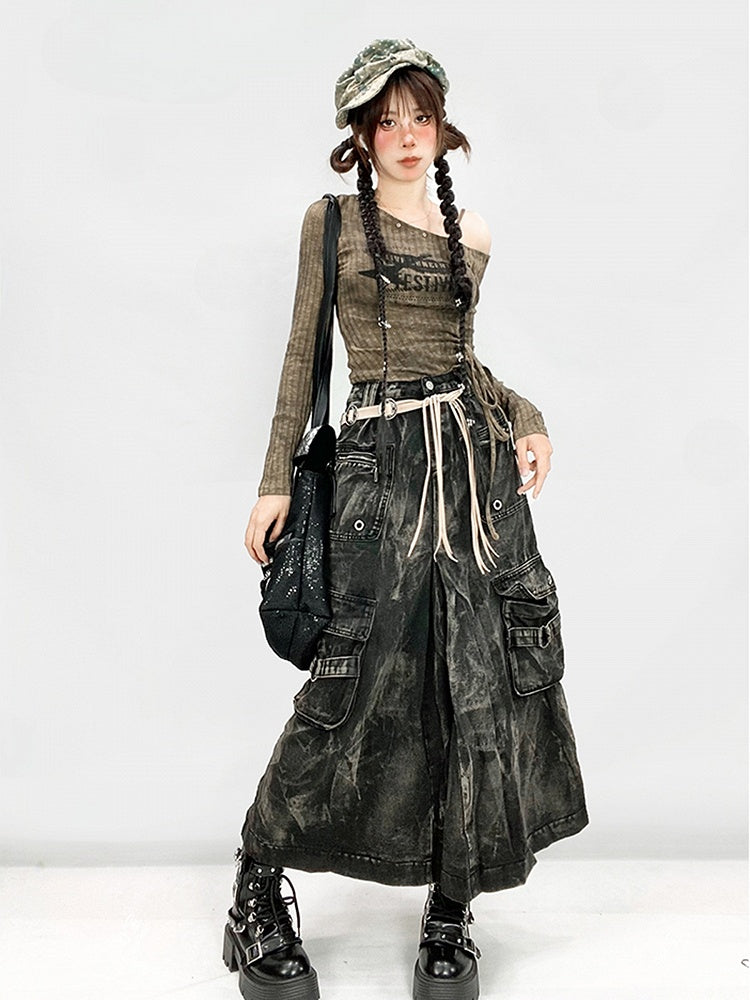 Punk Cargo Skirt with Faded Wash and Pockets - ReddaChic