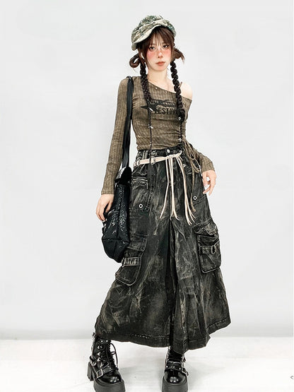 Punk Cargo Skirt with Faded Wash and Pockets - ReddaChic