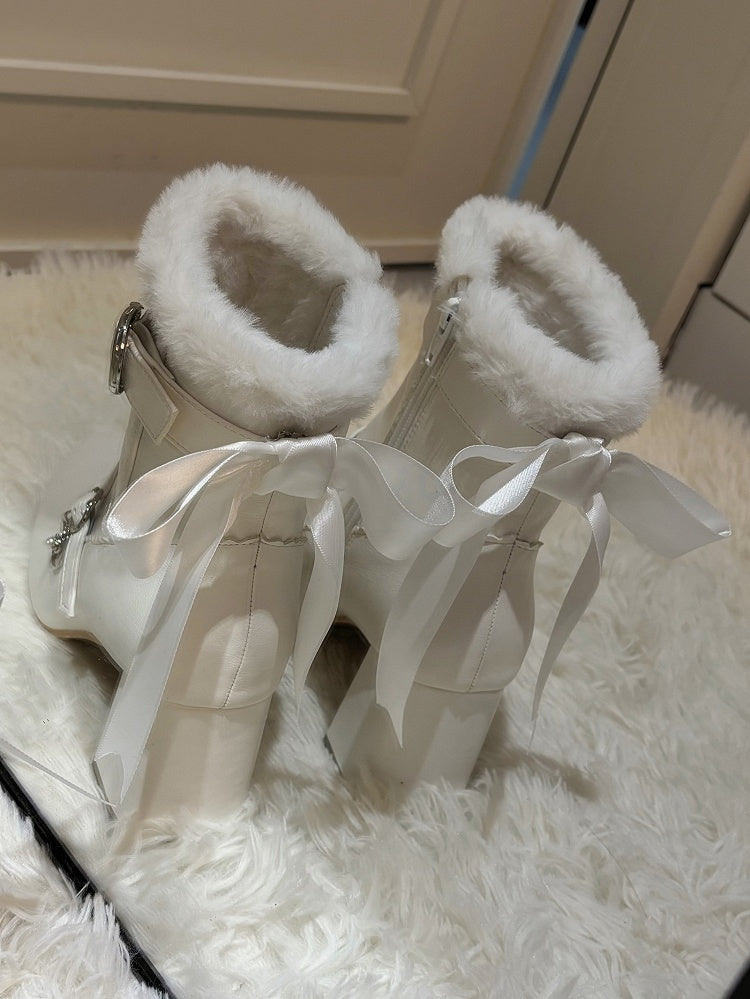 Block Removable Heel - in Bow Elegant PU Boots Interior White Plush High Collar with