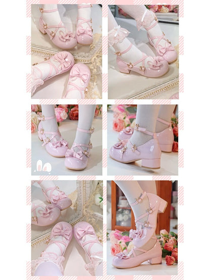 Sweet Toe Leather for with Lolita Round - PU Pink Mary Bow Janes Low-heel