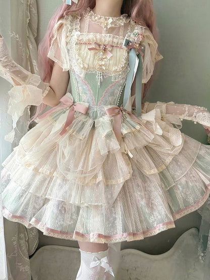 + Princess Green Pink Floral Print and Boned Balletcore Corset Top Skirt Lolita