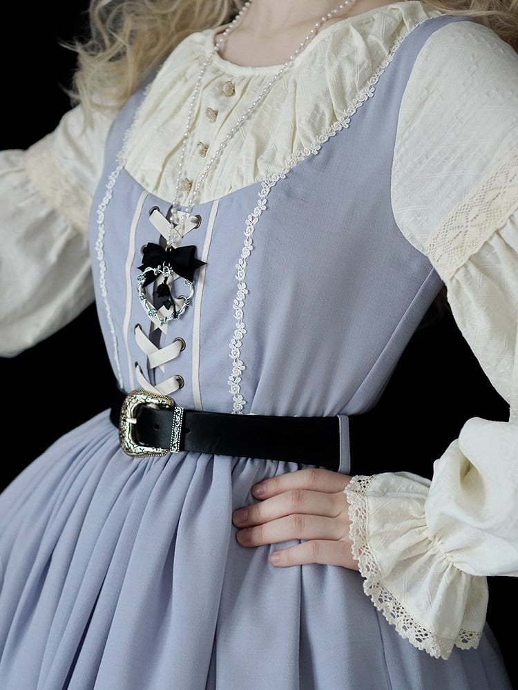 Light Gray & Beige Round Neck Long-sleeved Elegant Classic Lolita Dress with Lace-Up Front