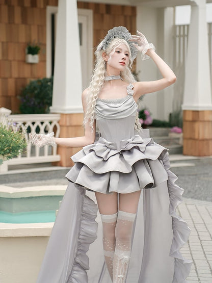 Cowl Spaghetti Kleid Elegante Taillenträger Entbeint Lolita JSK Set Voller Ausschnitt Grau