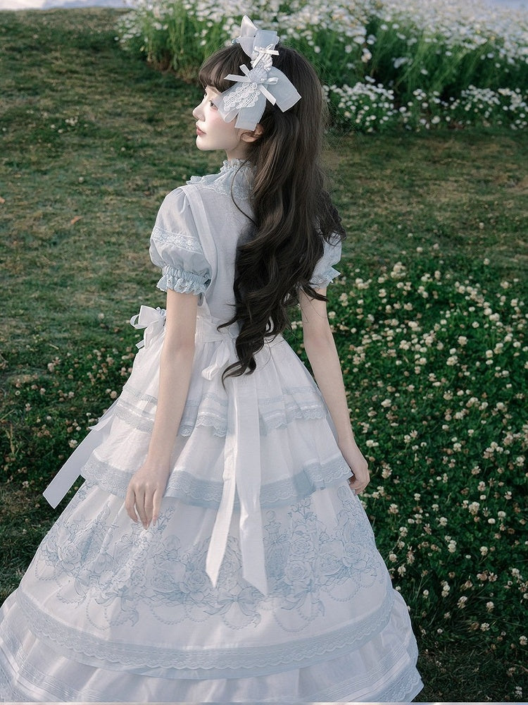 Layered Blue & White Lace Tencel Skirt with Floral Print - Yimu Walnut