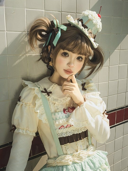Blue Green Hat / Sweet Mint Cake Lolita Yellow Mini Pink