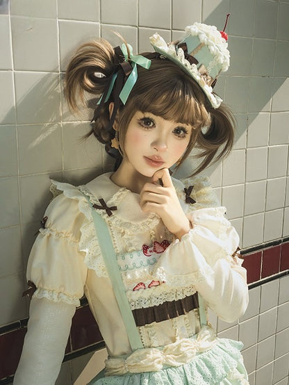 Blue Green Hat / Sweet Mint Cake Lolita Yellow Mini Pink