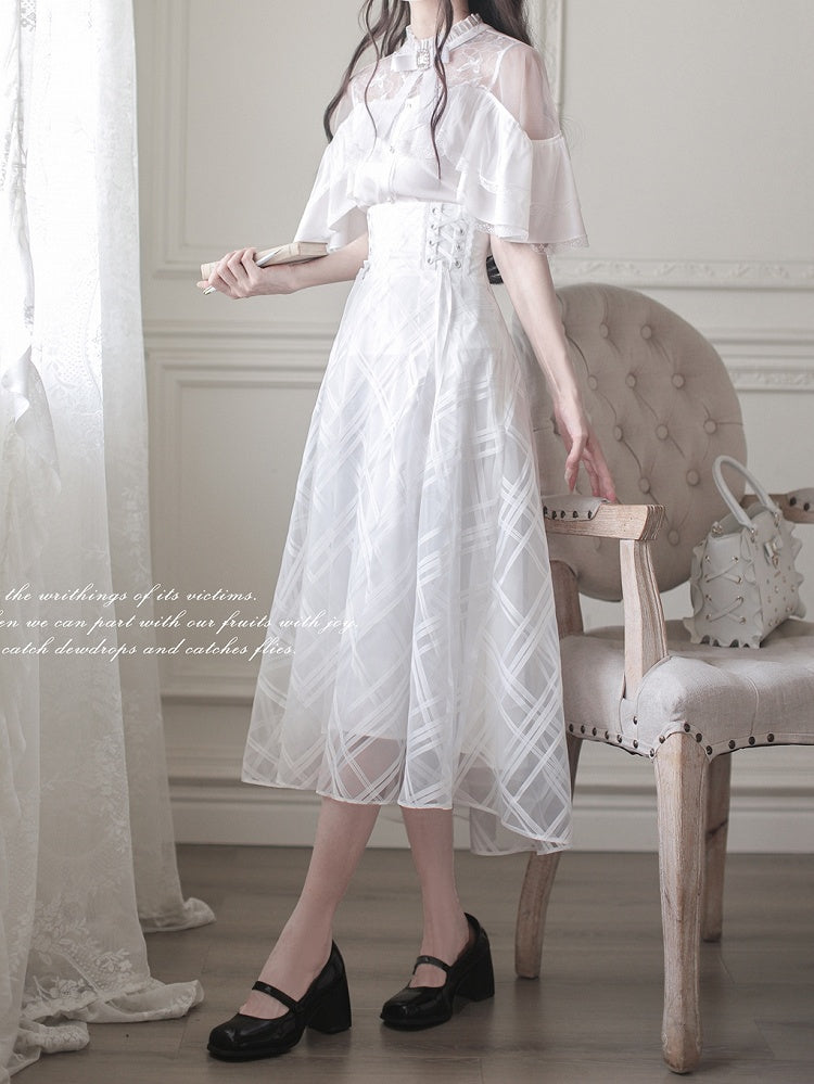 Lace-up High Waist Skirt with Plaid Clean Overlay Aesthetic White Innocent