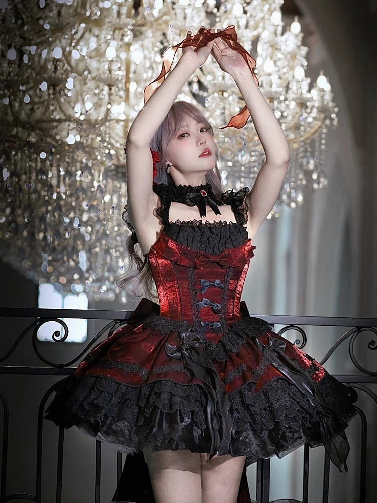 Boned Waist Dress Gothic Balletcore Lolita Black Bows JSK Red with Detachable and