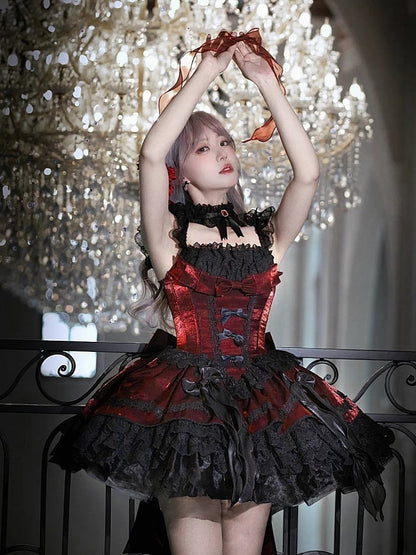 Boned Waist Dress Gothic Balletcore Lolita Black Bows JSK Red with Detachable and