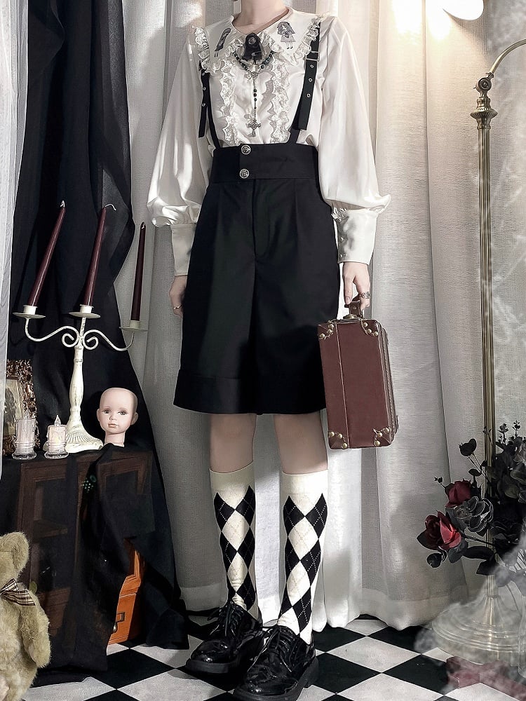 Schwarze Ouji Lolita-Overall-Shorts mit geradem Bein und hoher Taille