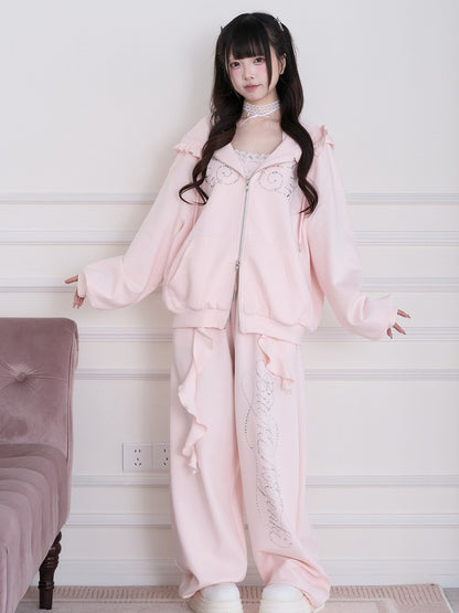 Pink Straight-Leg Pants with Rhinestone Embellishment - No Genki