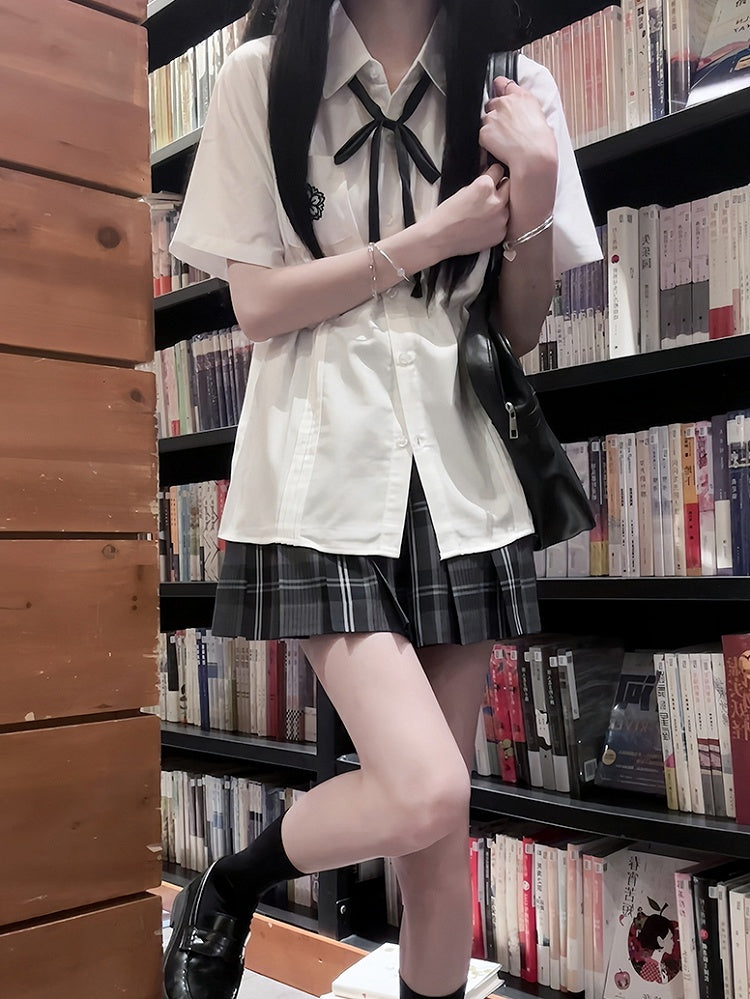White Style Floral Uniform Shirt Short JK Pleating Details Embroidery Sleeves Preppy
