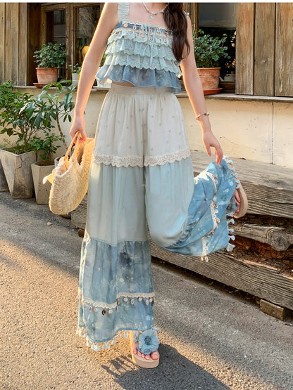 Blue Colorblock Design Tassel Hem Shell Charm Wide-Leg Holiday Pants