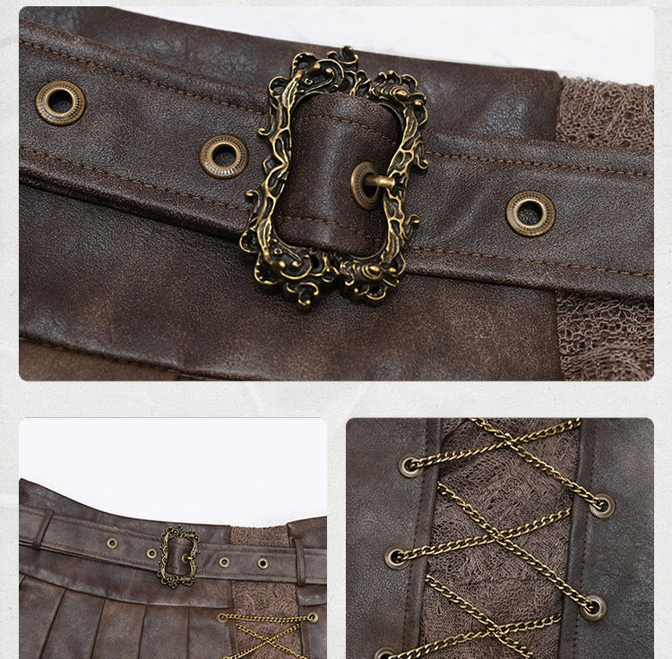 Skirt Punk Dark Pleated Wasteland Handkerchief Chains Brown Decorated