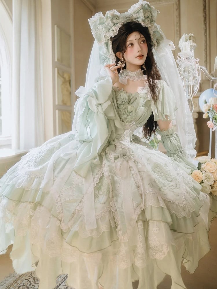 Hanayome Short Lolita Flowing Accents Dress Green Layered Version JSK Ruffles with Light Rose