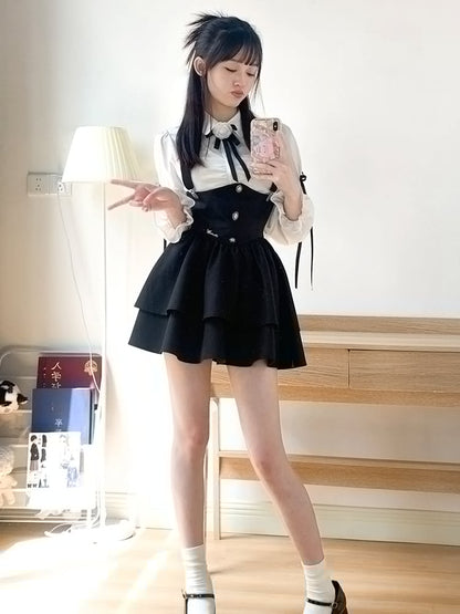 サスペンダースカート ホワイト ハイウエスト ブラック プレッピーセット - フルオーバーオール シャツ +