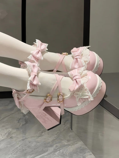 Sweet Lolita Pink Bow Embroidery High Heel Round Toe Shoes with Lace - Qu Qi Biscuits