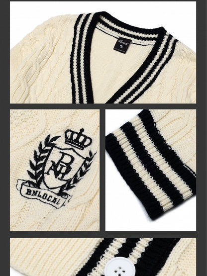 Christmas Milk White V-neck Loose Cardigan Contrast Striped Trim