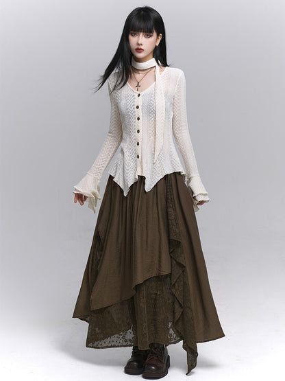 Floral Millard Embroidery Asymmetric Skirt with Elastic Hem Maxi Coffee Waist Dark Punk Wasteland