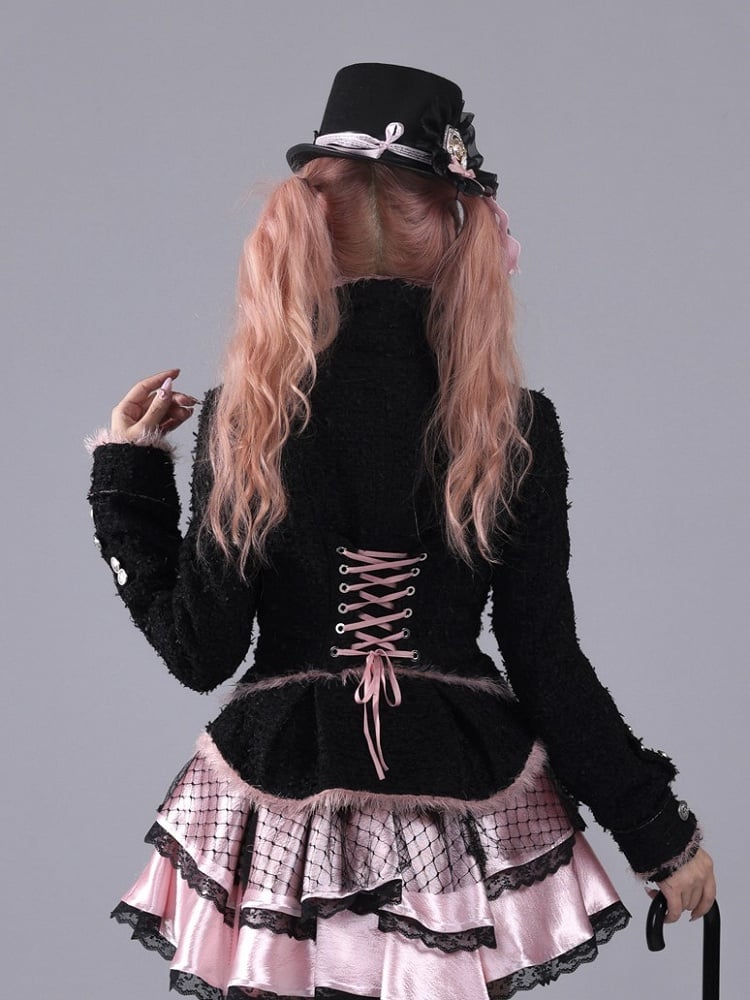 Hime Gyaru Black & Pink Tweed Double-Breasted Blazer