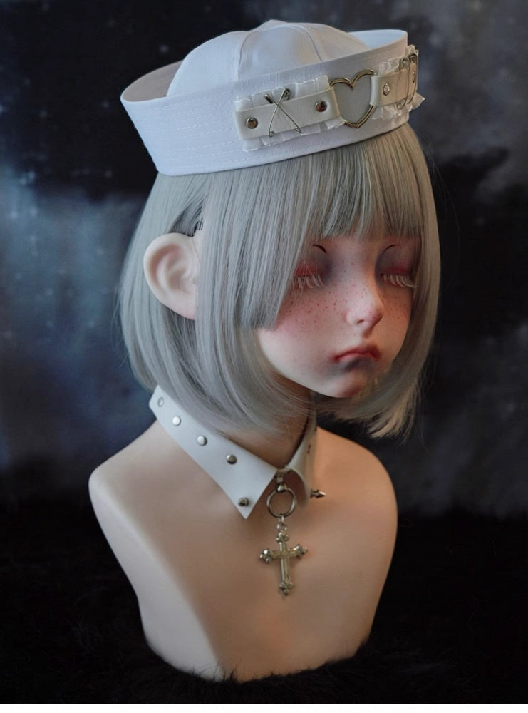 White Heart-shaped Ring Studs Pins Lace Sailor Hat