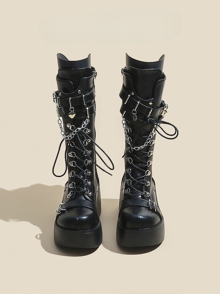Heart Black Lace-up Mid-Calf Boots Charm Closure Punk with Platform Buckle And - Straps Chain