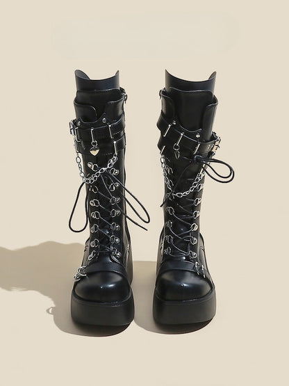 Heart Black Lace-up Mid-Calf Boots Charm Closure Punk with Platform Buckle And - Straps Chain