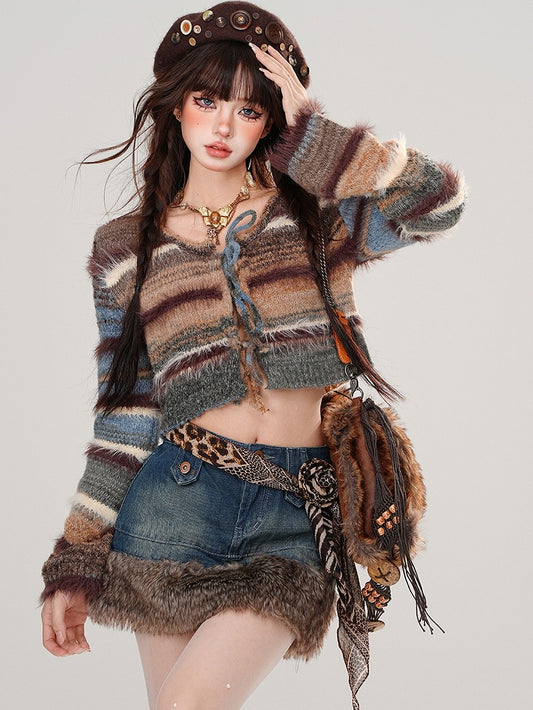 Blue and Brown Tie Dye Striped Cropped Self-tie Straps Cardigan