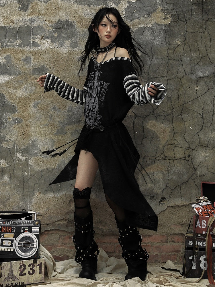 ブラックホワイトゴシックパンクレターズアシンメトリートップス