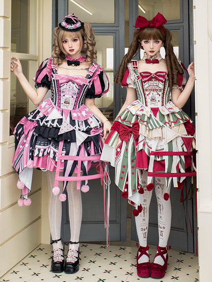Lolita with Circus Puff Red Embroidery Bunny and Jumper Detachable Sleeves Skirt Dress Green Sweet