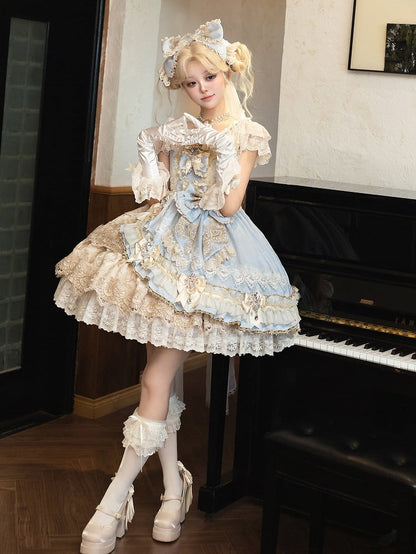 Jumper Blue Princess Bow Full and Skirt Accents Lolita Bead Jacquard Dress Set