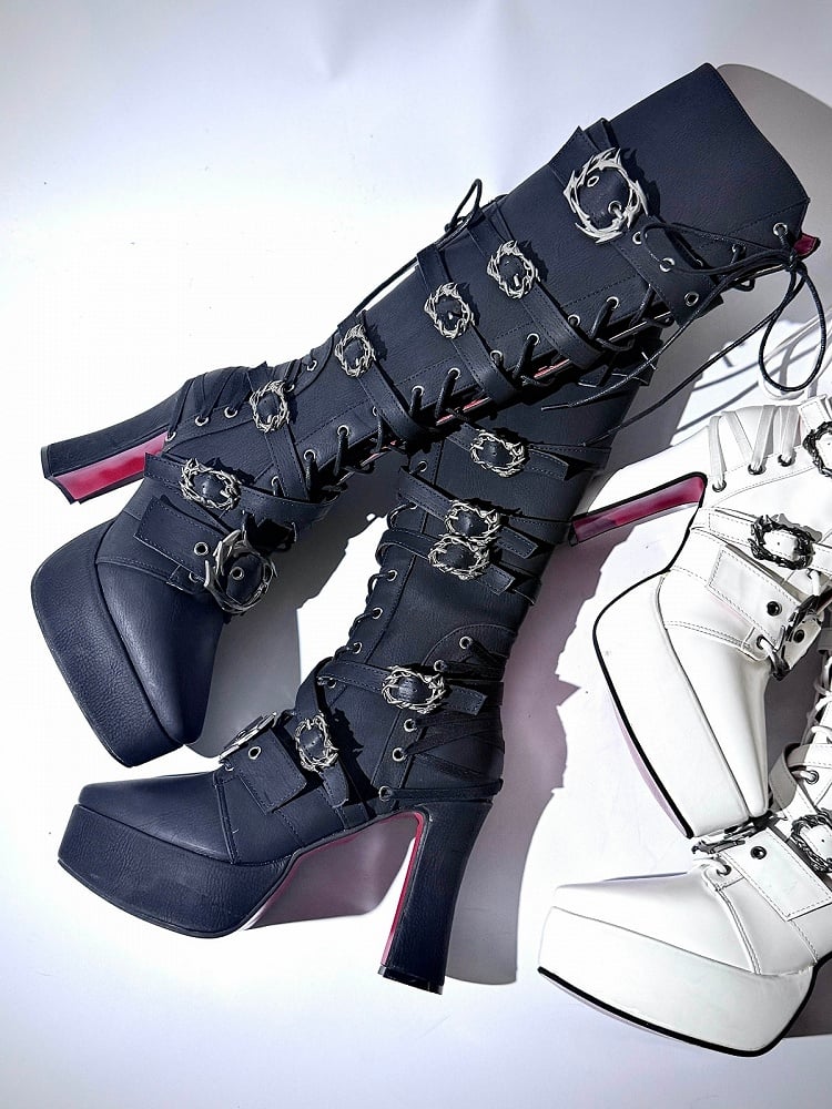 Matte Black Buckle-Strap Gothic Knight Boots with 11CM Stiletto Heel - sphenoid
