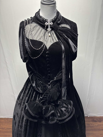 Dress Sleeves Lolita Mesh Gothic with Long Black Heart Neckline Illusion Velvet