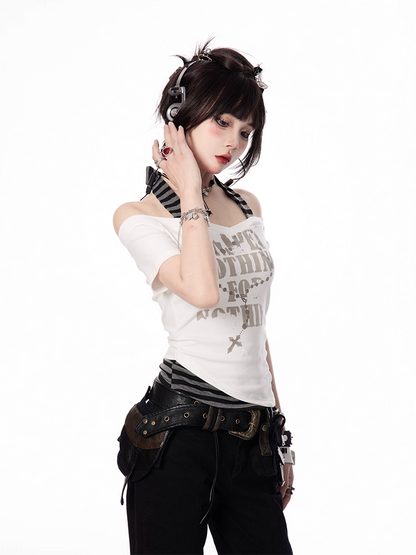 and Y2K Cross Necklace Print White Gray Striped Halter Neck T-shirt