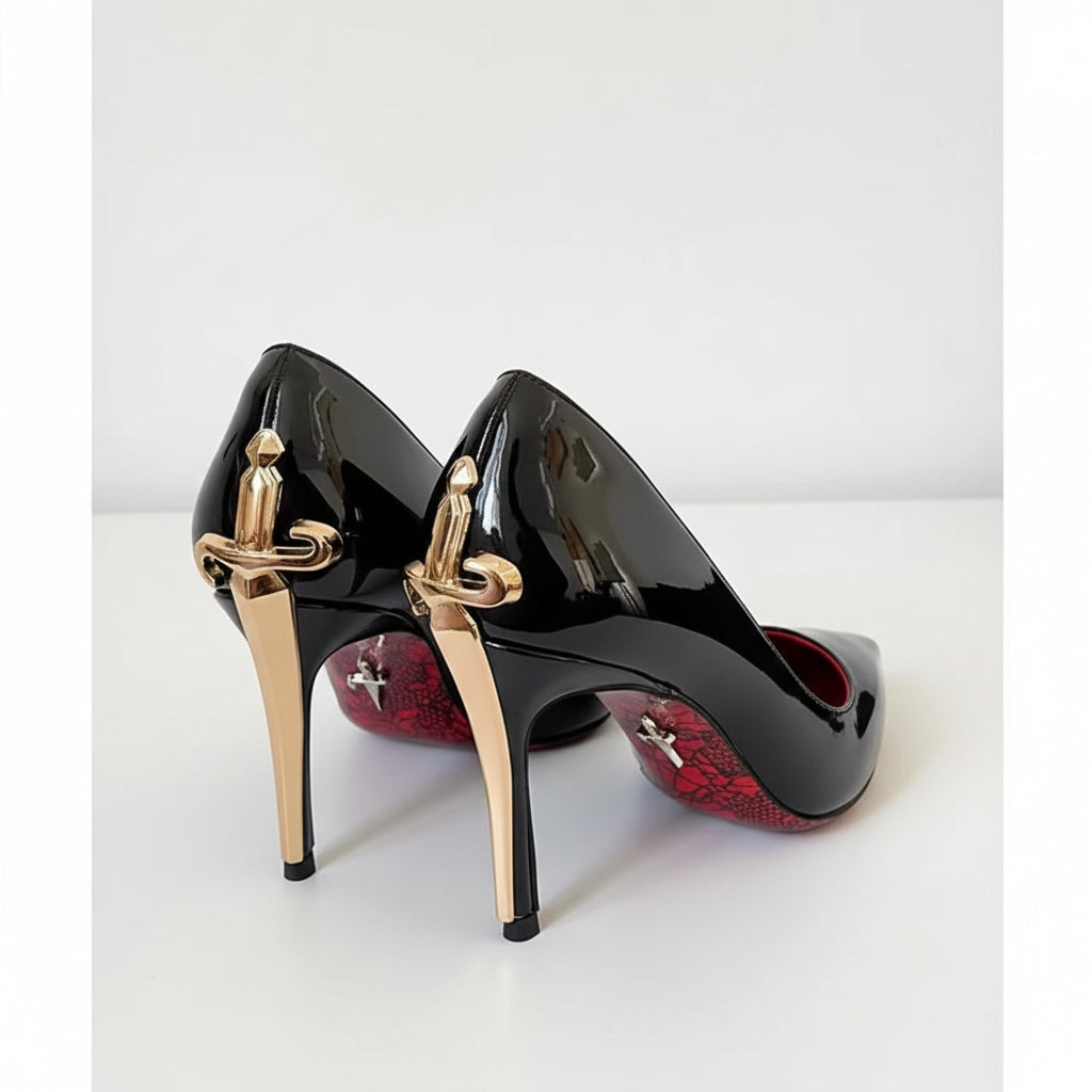 Gold Scepter 8cm Stiletto Heels – Patent Leather Pointed Toe Wide Size Pumps | LilyVow