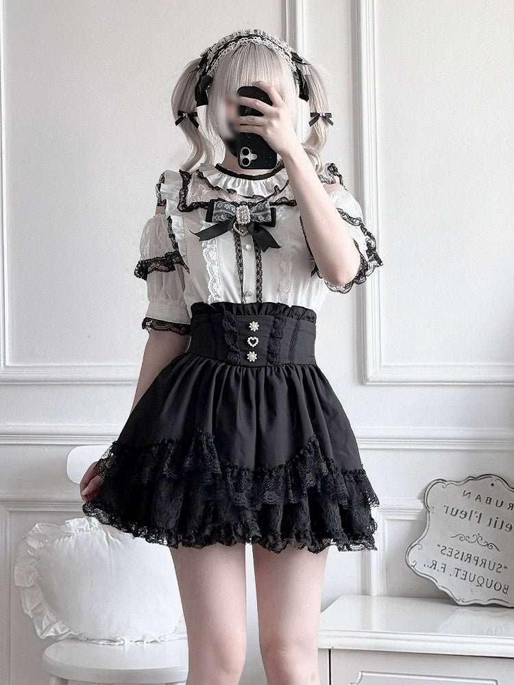 Black & White Jirai-kei Cutout Shoulder Short Sleeve Top with Rhinestone Bow and Lace - Virtual Paradise
