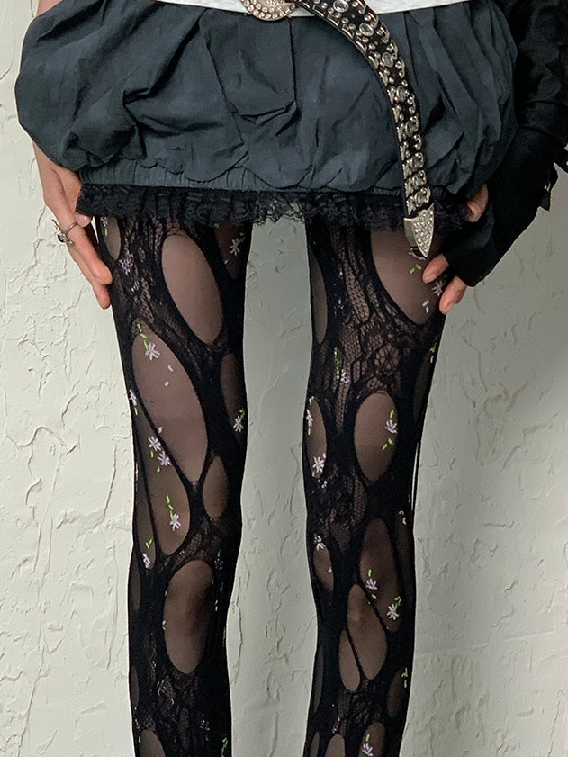 Florale Y2K Strumpfhose Schwarzes Muster