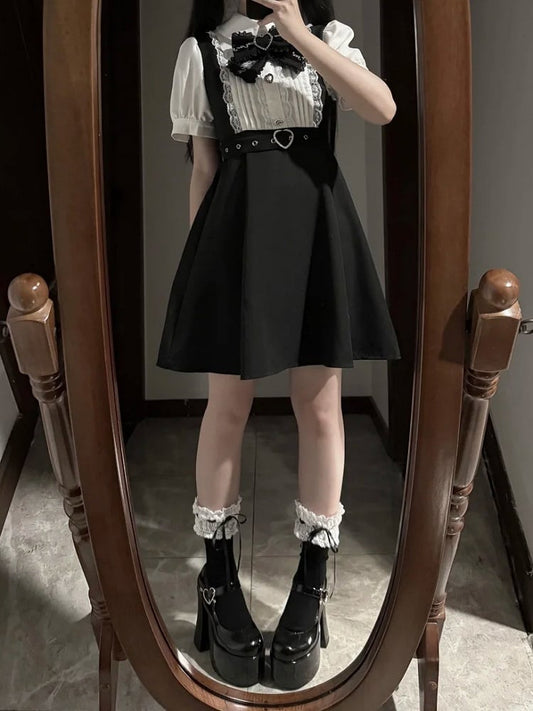 Faux White Jirai Heart Colorblock Dress Bow Kei Tie Belt Overall Black Buckle Detachable with
