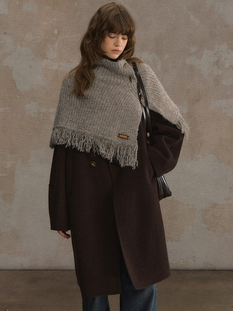 Toggle with Frayed Closure and Knit Edges Shawl Camel/Gray Cozy Winter
