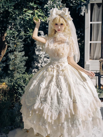 Lolita Dress JSK Ruffles Flowing Hanayome Yellow Version Rose Layered Accents with Long Light