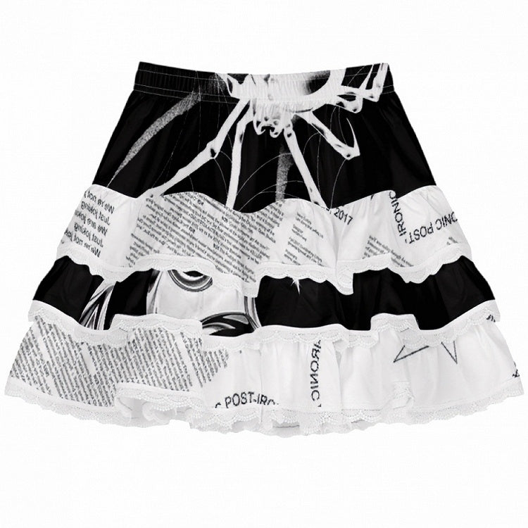 スカートとレース付きギャルファッションティアードホワイト/ピンクブラックトリムプリントスパイダーレター