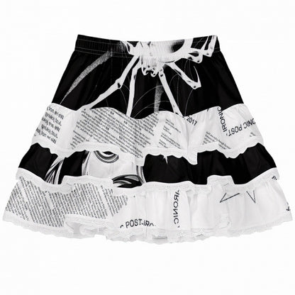 スカートとレース付きギャルファッションティアードホワイト/ピンクブラックトリムプリントスパイダーレター
